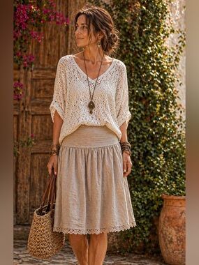 Laura Bianchi Italy Linen Skirt Boho Knee Length Lace Trim